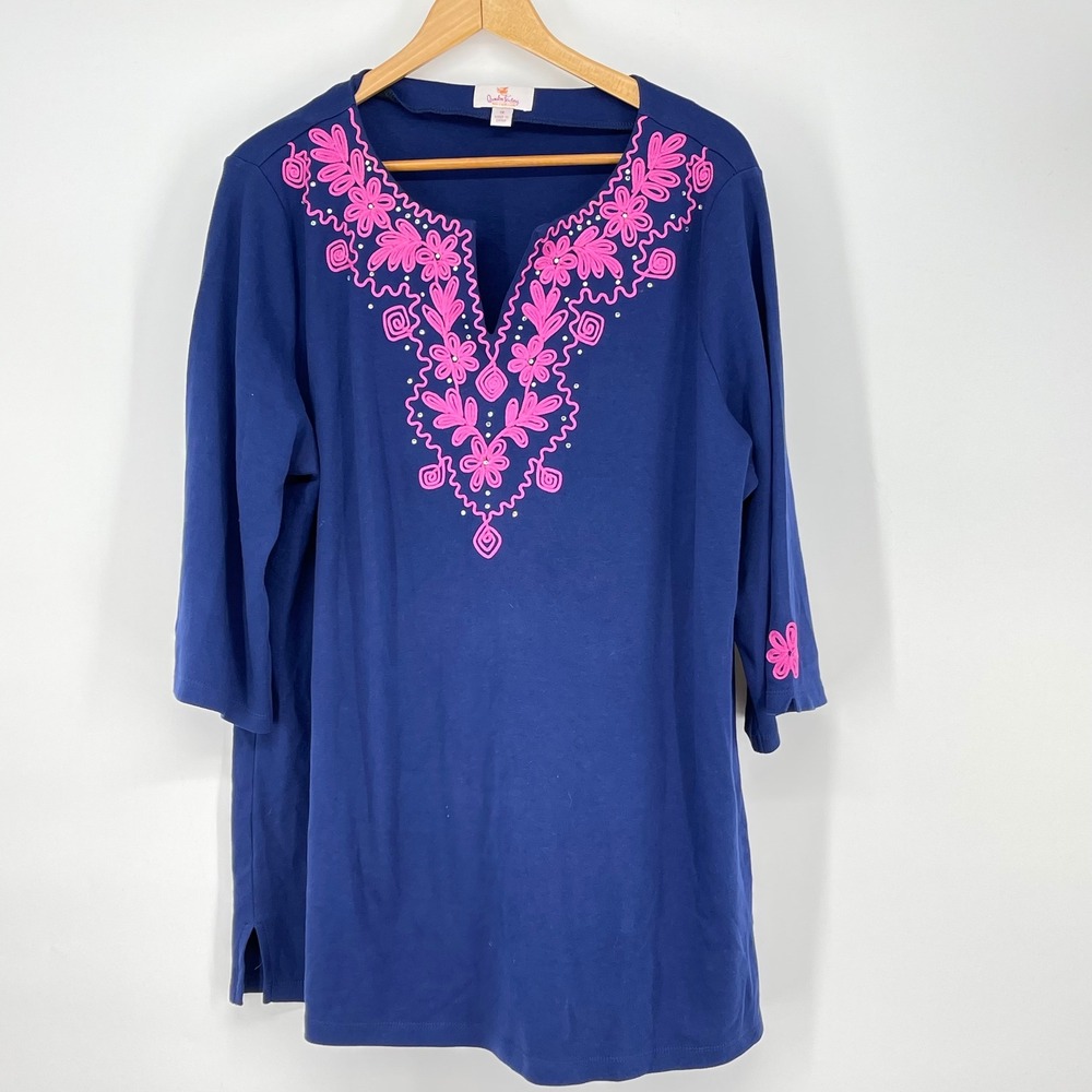 Quacker Factory Womens Tunic Top 1X‎ Navy Blue Pink Floral Embroidery 3/4 Sleeve